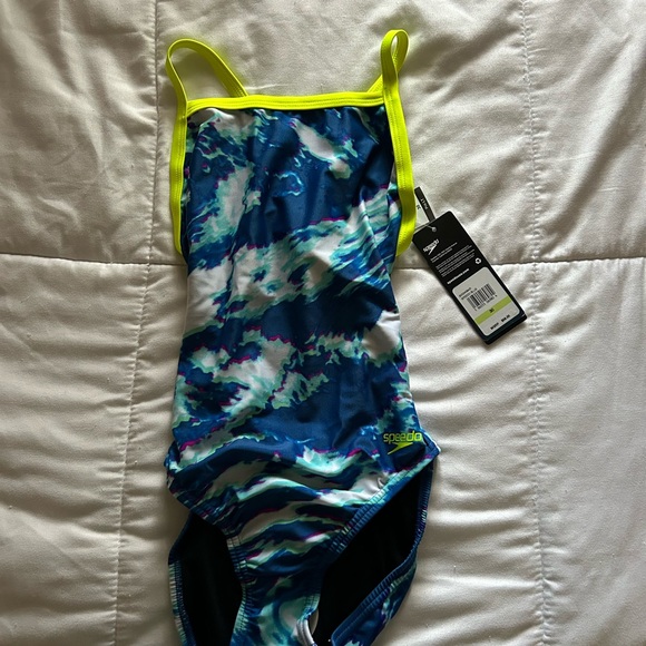 Speedo Kids One Piece Swimsuit - Blue and Neon Yellow - Picture 1 of 4